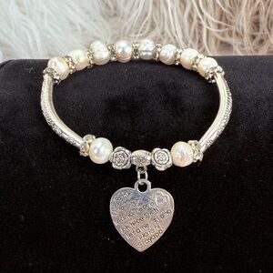 Silvertone Freshwater Pearl Bracelet Stretch with Intricate Spacers Heart Charm